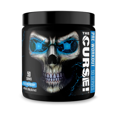 Pre-workout supplement container with skull design and 'The Curse!' branding.