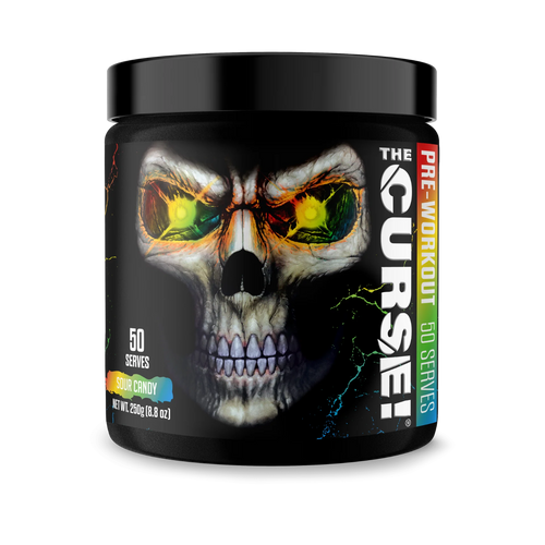 Pre-workout supplement container with skull design and 'The Curse!' branding on a white background