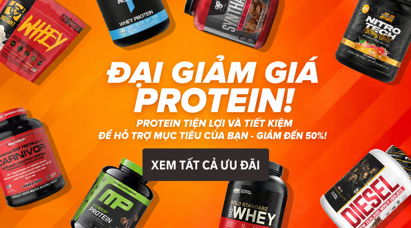Promotional banner for protein supplements with various brands on an orange background.