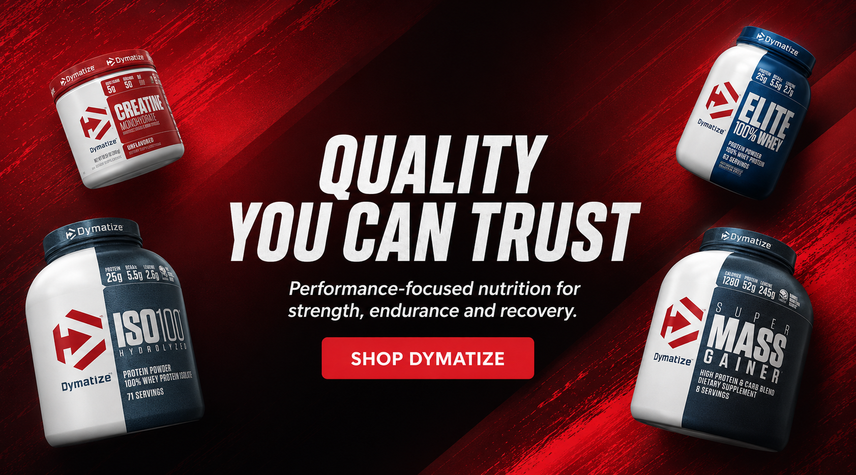 Dymatize supplement containers with promotional text on a red and black background