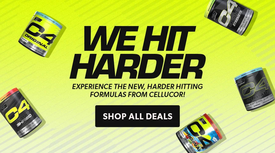 Promotional banner for Cellucor C4 energy drink with text 'We Hit Harder' on a bright yellow background.
