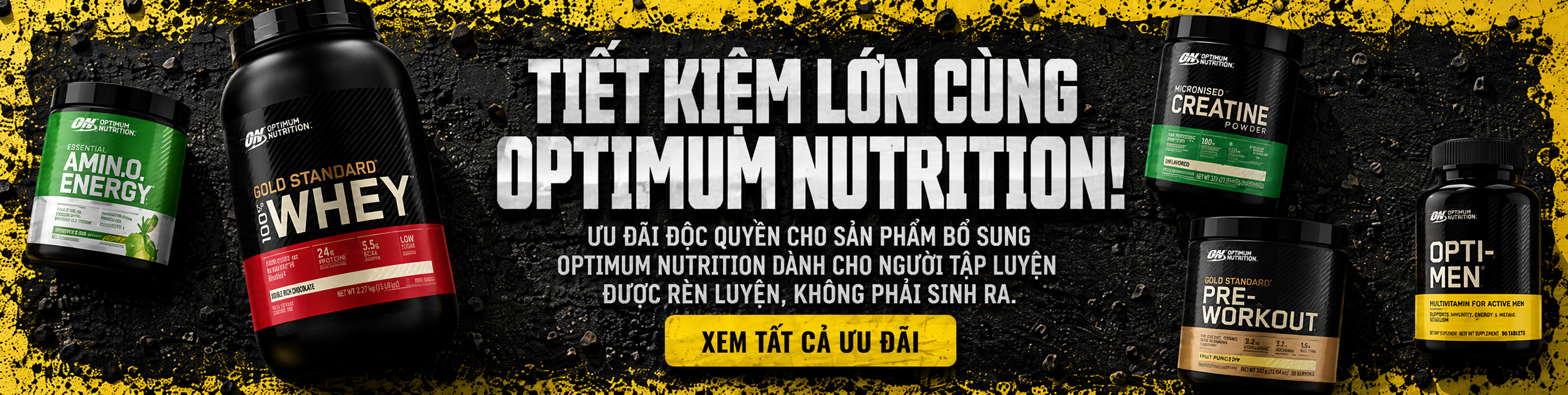 Optimum Nutrition products including whey protein, creatine, and pre-workout on a dark background with promotional text.