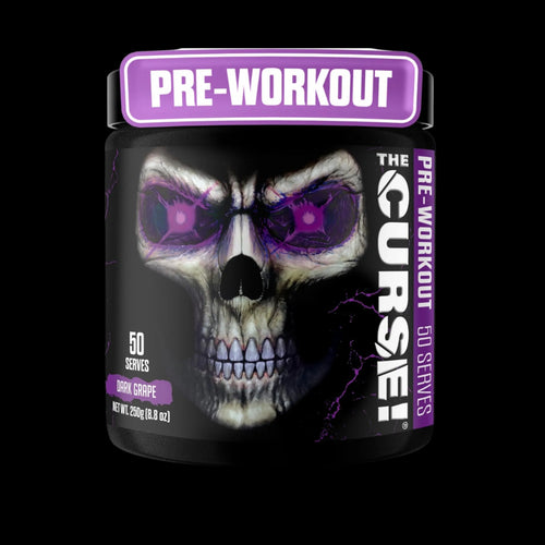 Pre-workout supplement container with skull design and 'The Curse' branding.